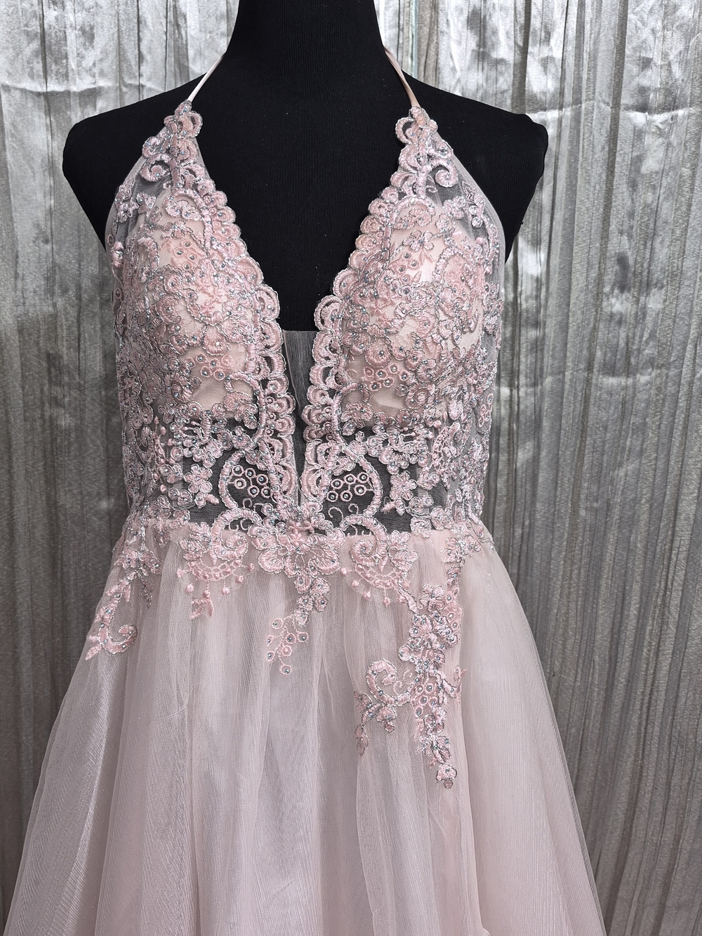 Blondie Nites Blush Pink Lace Halter  Dress With Split